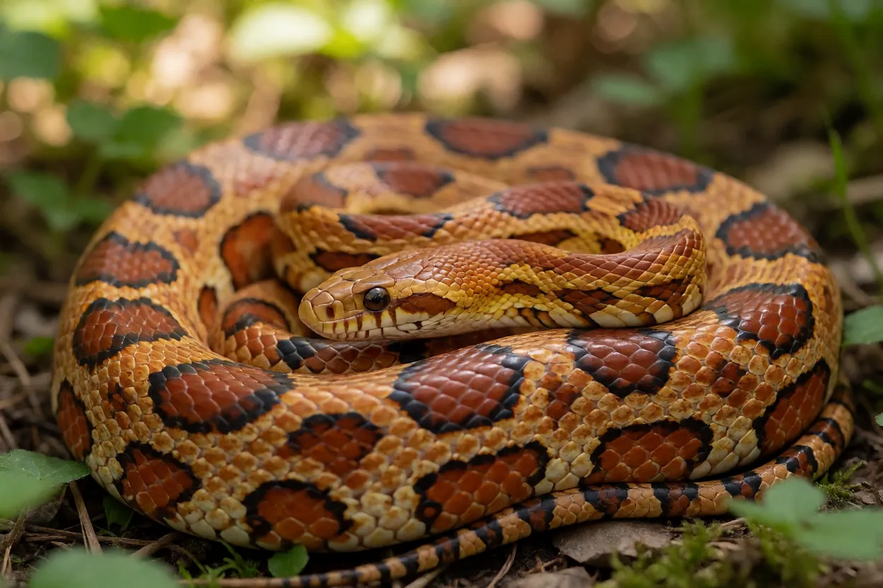 Cobra-do-milho adulta com padrão laranja e manchas vermelhas bordeadas de preto sobre folhas secas