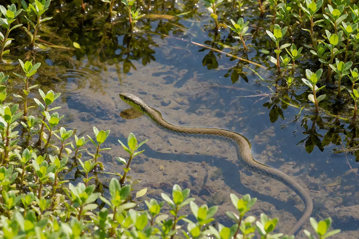 Cobra-liga nadando em água rasa de área úmida