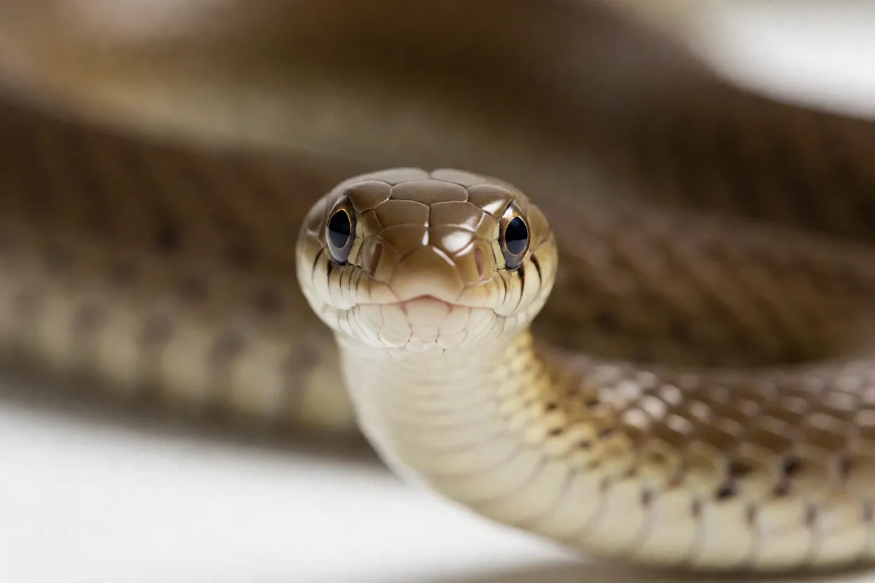 Close da cabeça da cobra-marrom-oriental mostrando olhos e escamas
