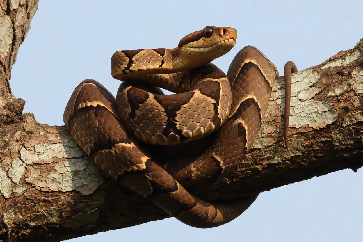 Cobra-papagaio em postura defensiva com corpo enrolado e cabeça elevada