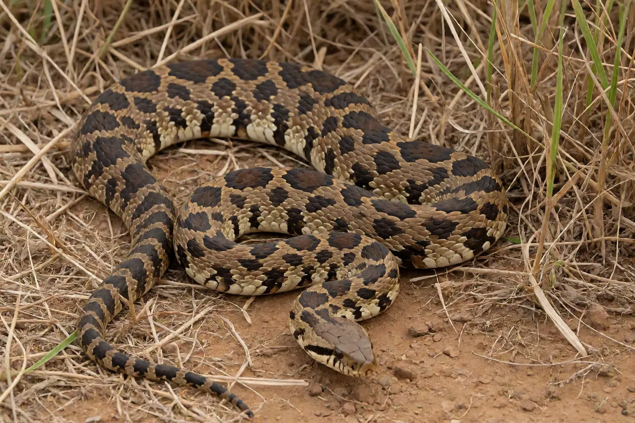 Cobra-rateira adulta de corpo inteiro sobre solo de Cerrado