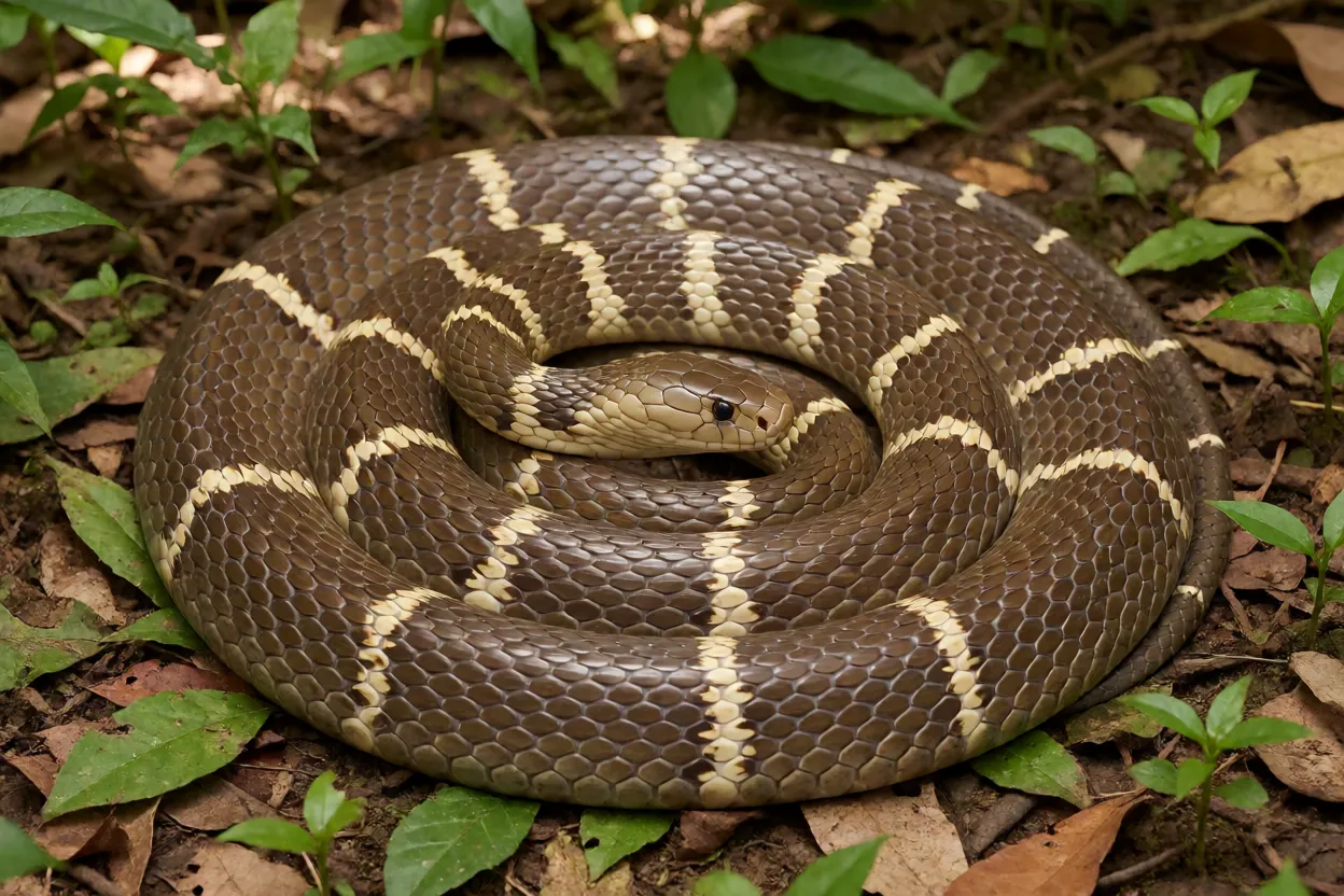 Cobra-real adulta enrolada no chão da floresta com coloração oliva e faixas claras