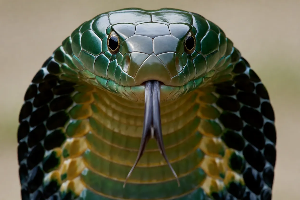 Close da cabeça da cobra-rei mostrando olhos, escamas e capuz