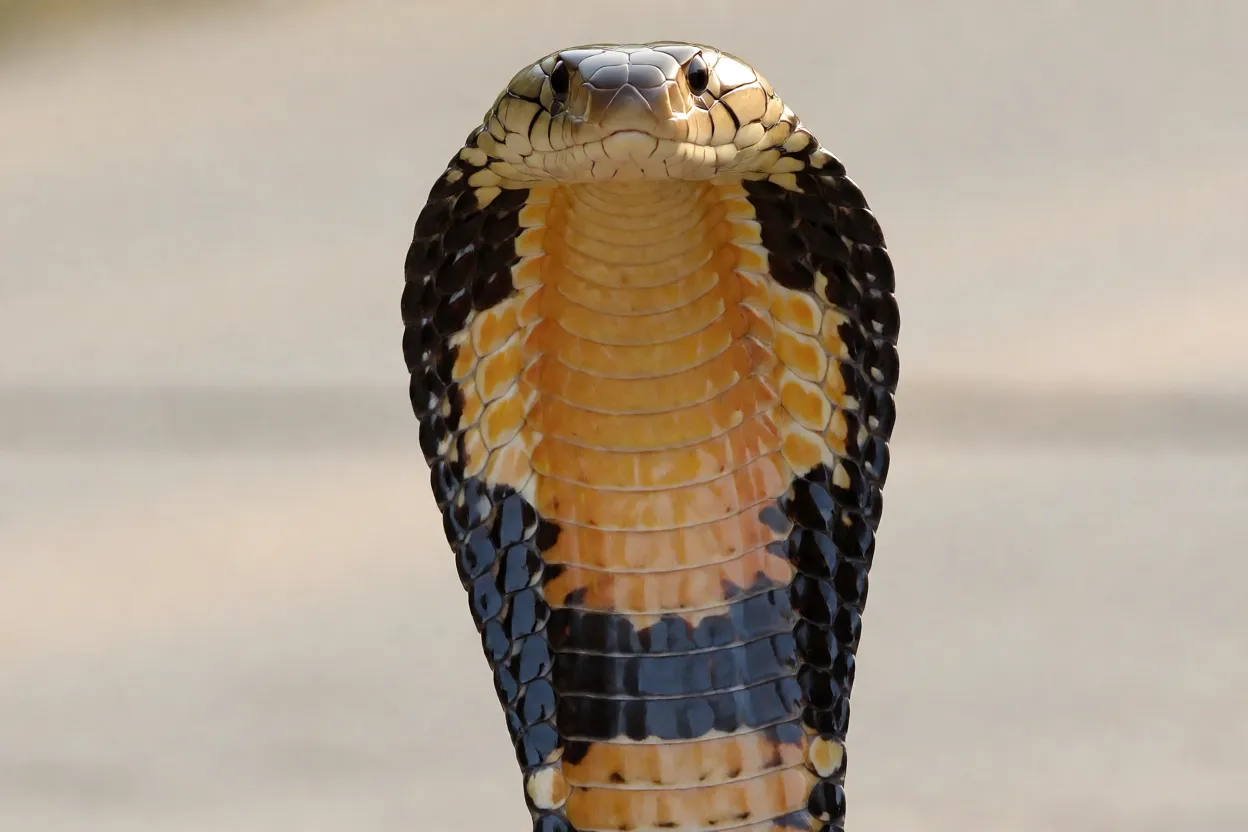 Cobra-rei em postura defensiva com capuz expandido e corpo erguido