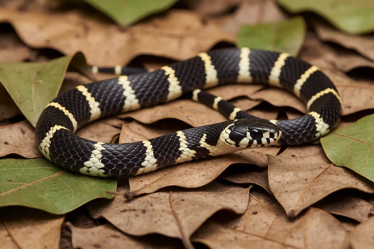 Filhote de cobra-rei preto com anéis brancos e amarelos