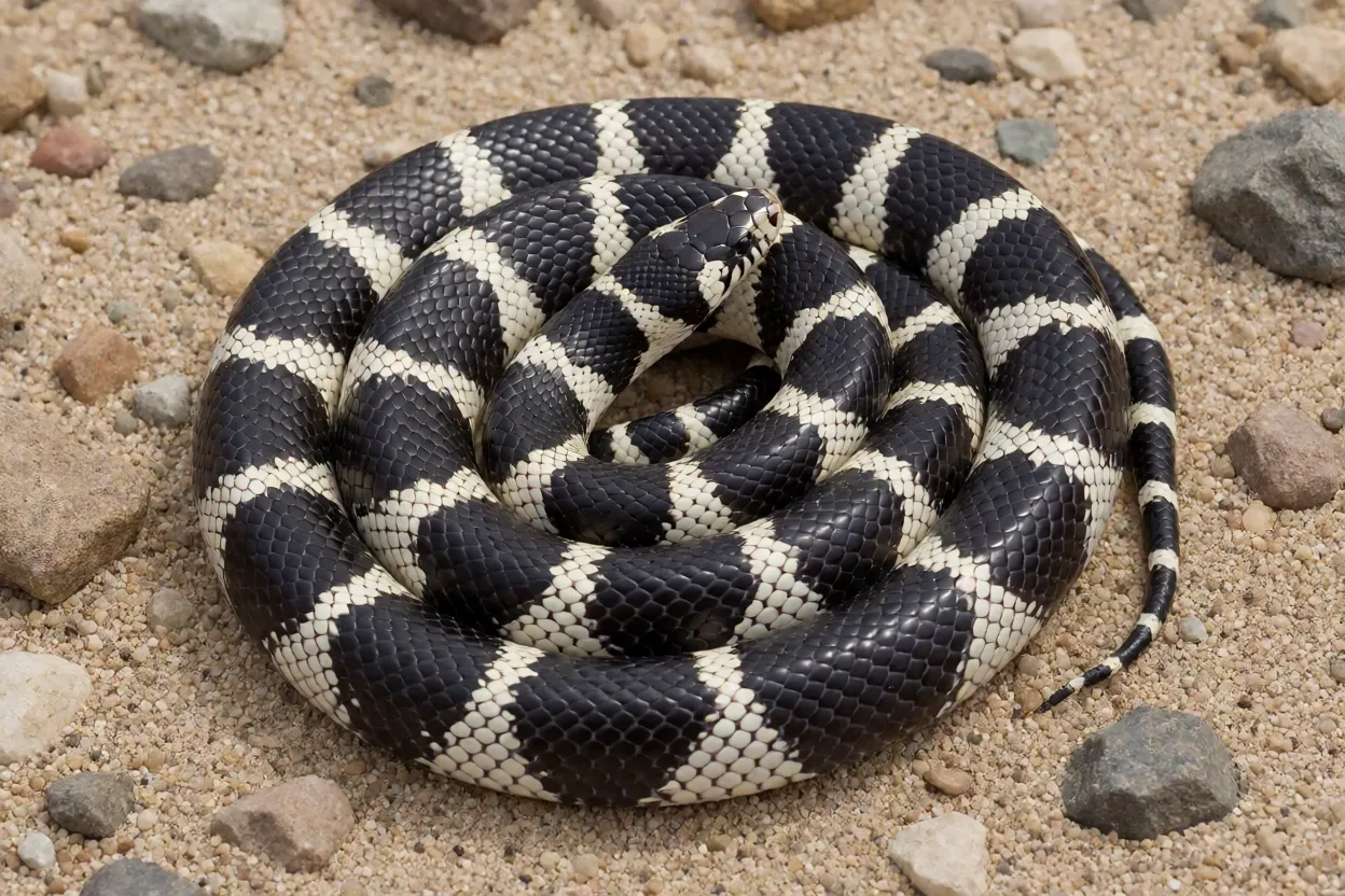 Cobra-rei-da-Califórnia adulta com padrão anelado preto e branco sobre areia do deserto