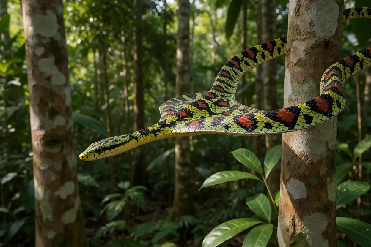Cobra-voadora Chrysopelea paradisi planando entre árvores com corpo achatado