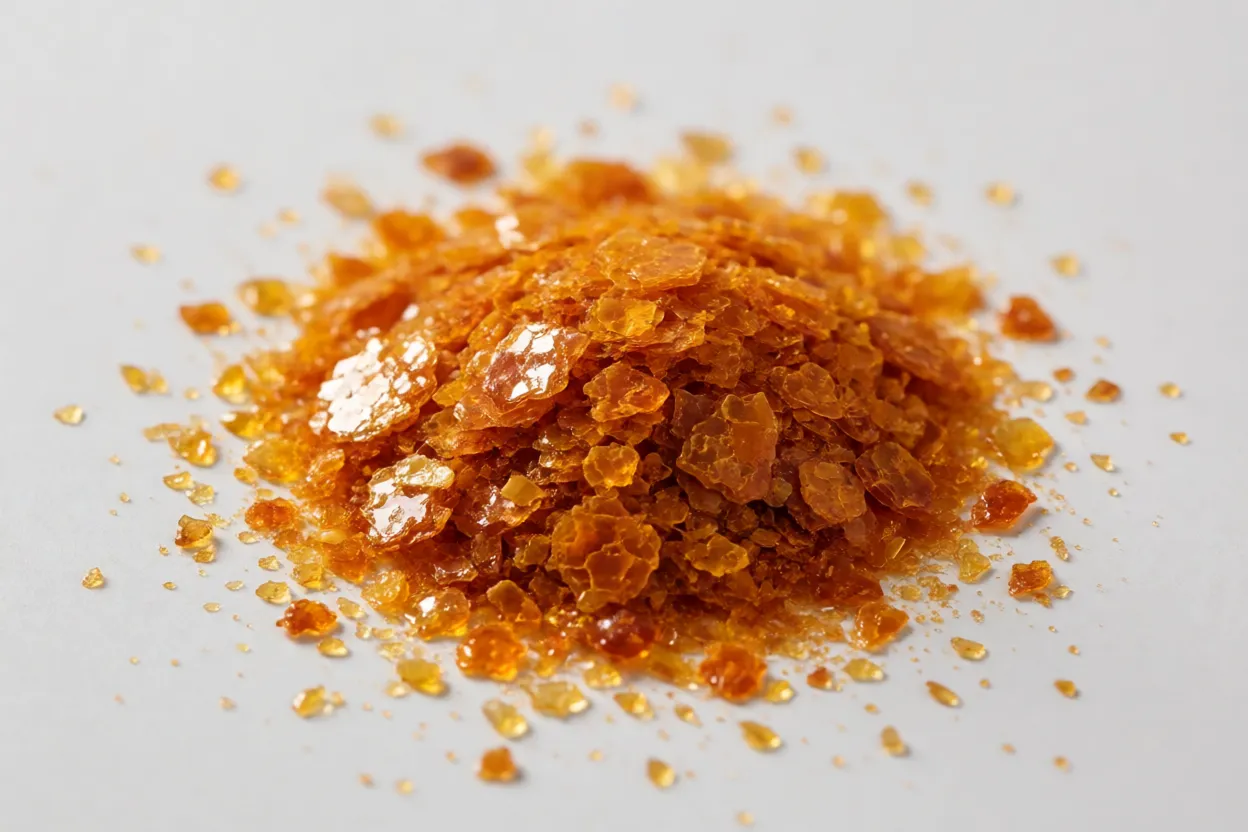 Flocos de goma-laca âmbar produzidos pela cochonilha-laca