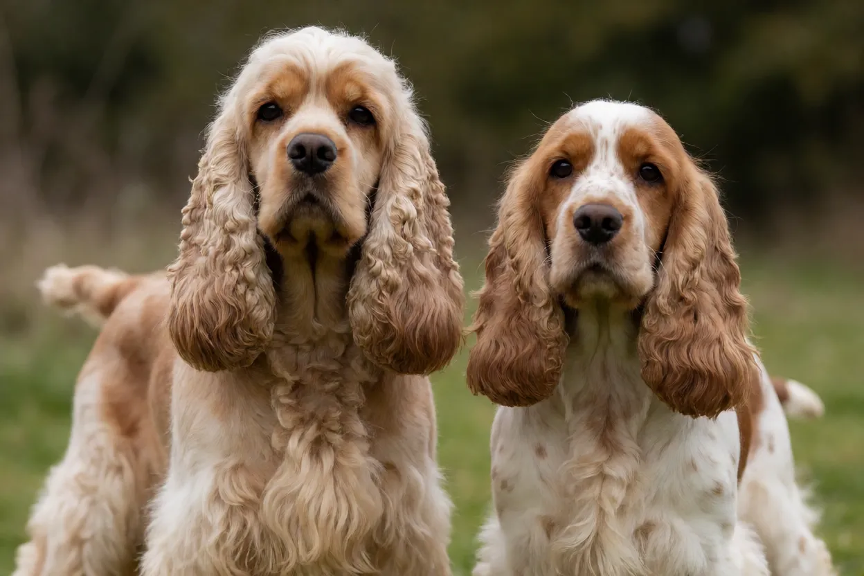 Cocker Spaniel: personalidade, pelagem e como cuidar das orelhas Comparação visual entre Cocker Spaniel americano e inglês lado a lado