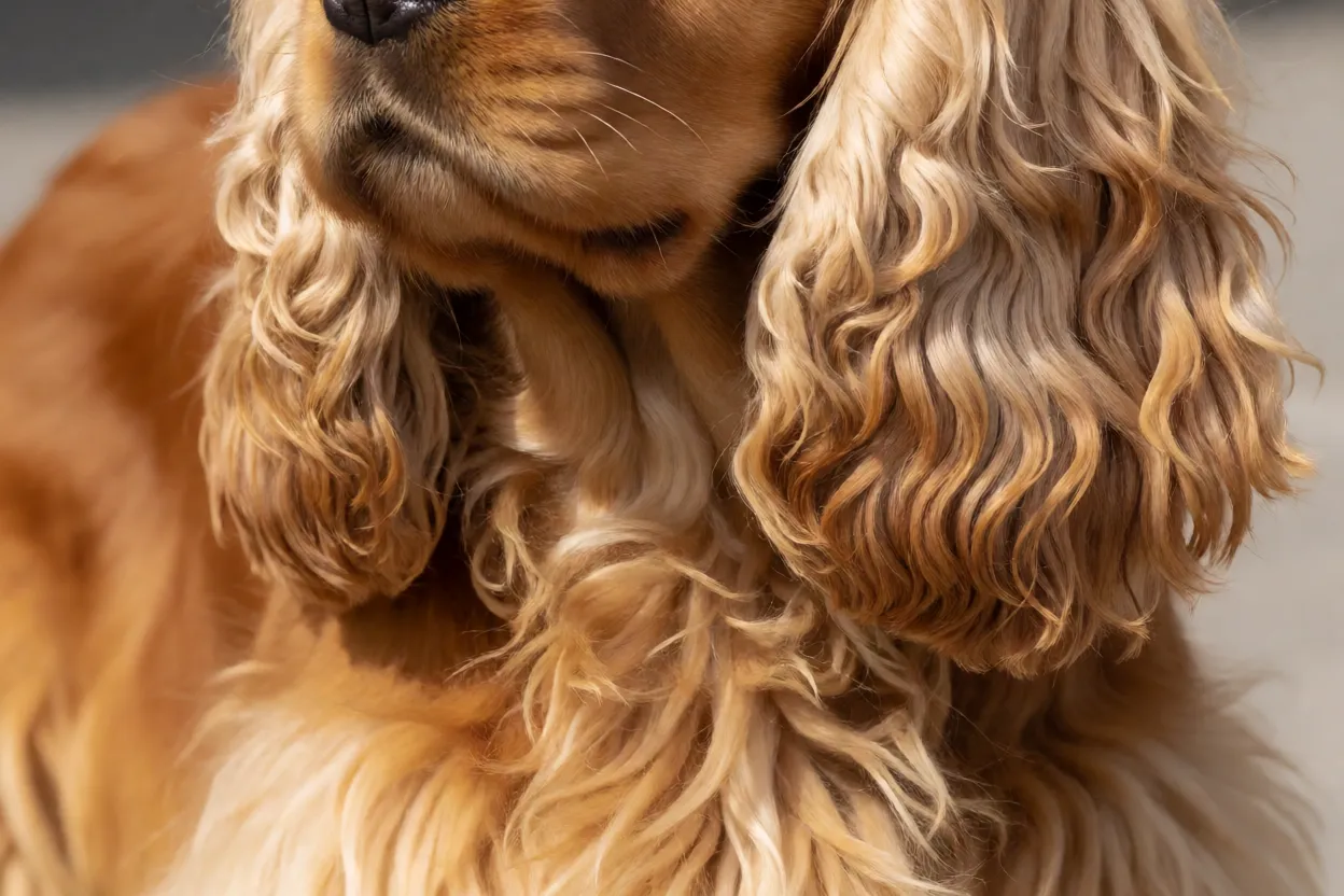 Cocker Spaniel: personalidade, pelagem e como cuidar das orelhas Detalhe da pelagem sedosa e franjas de um Cocker Spaniel dourado
