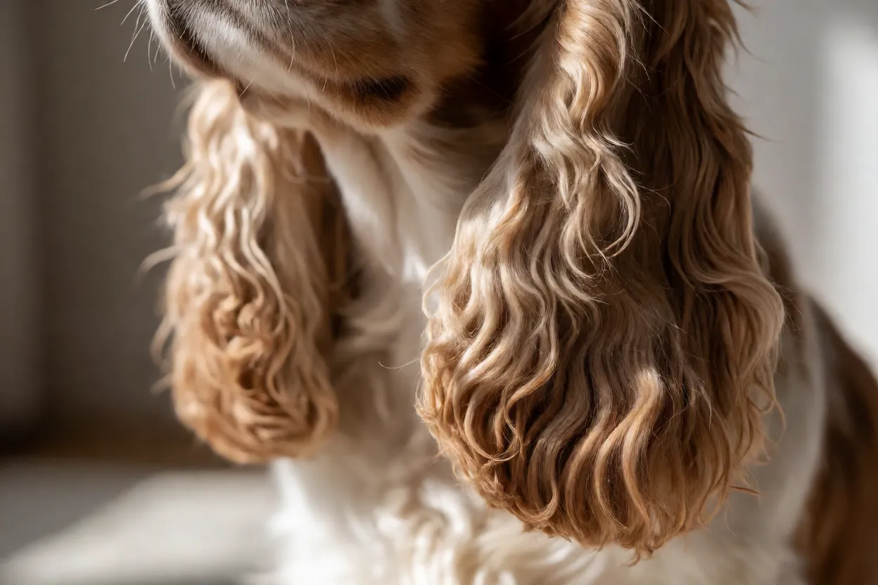 Cocker Spaniel: personalidade, pelagem e como cuidar das orelhas Close-up das orelhas longas e franjadas de um Cocker Spaniel