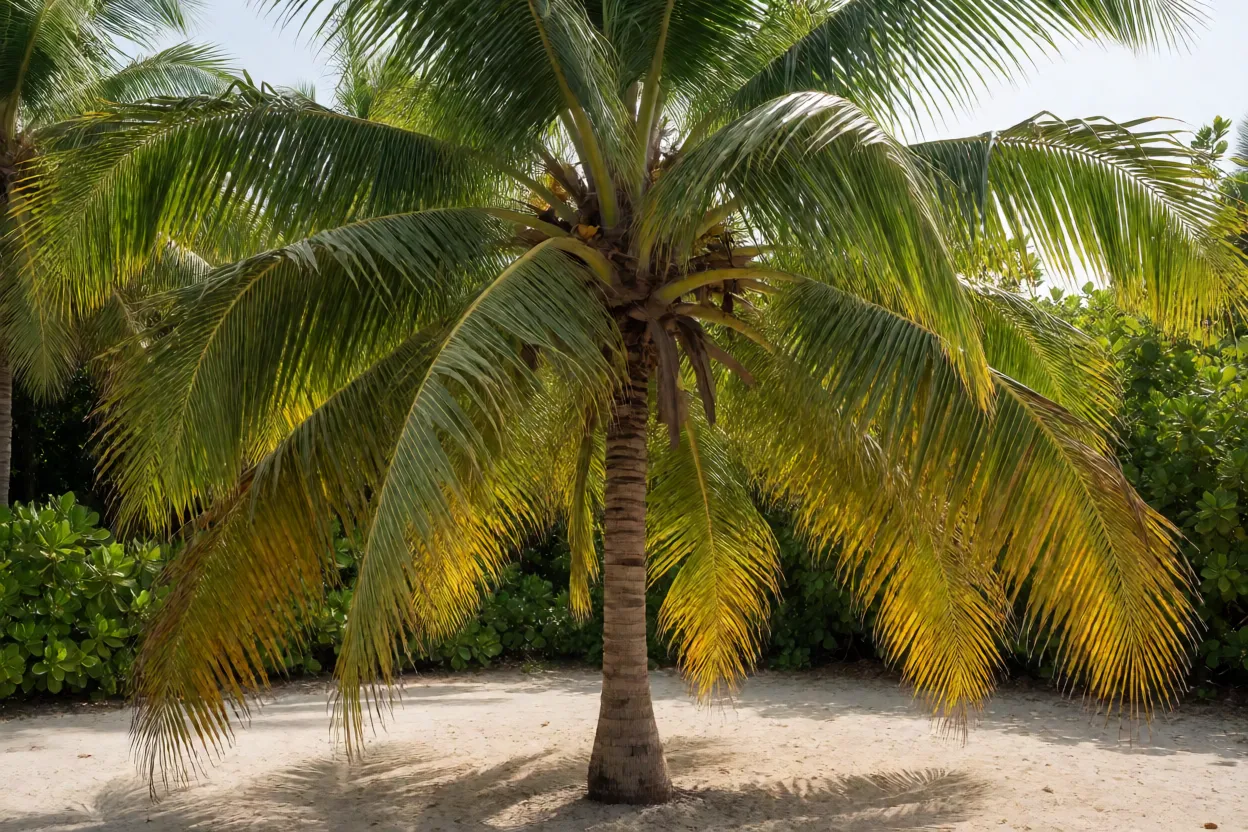 Coqueiro coco-da-bahia adulto de porte alto com copa de folhas pinadas em jardim tropical
