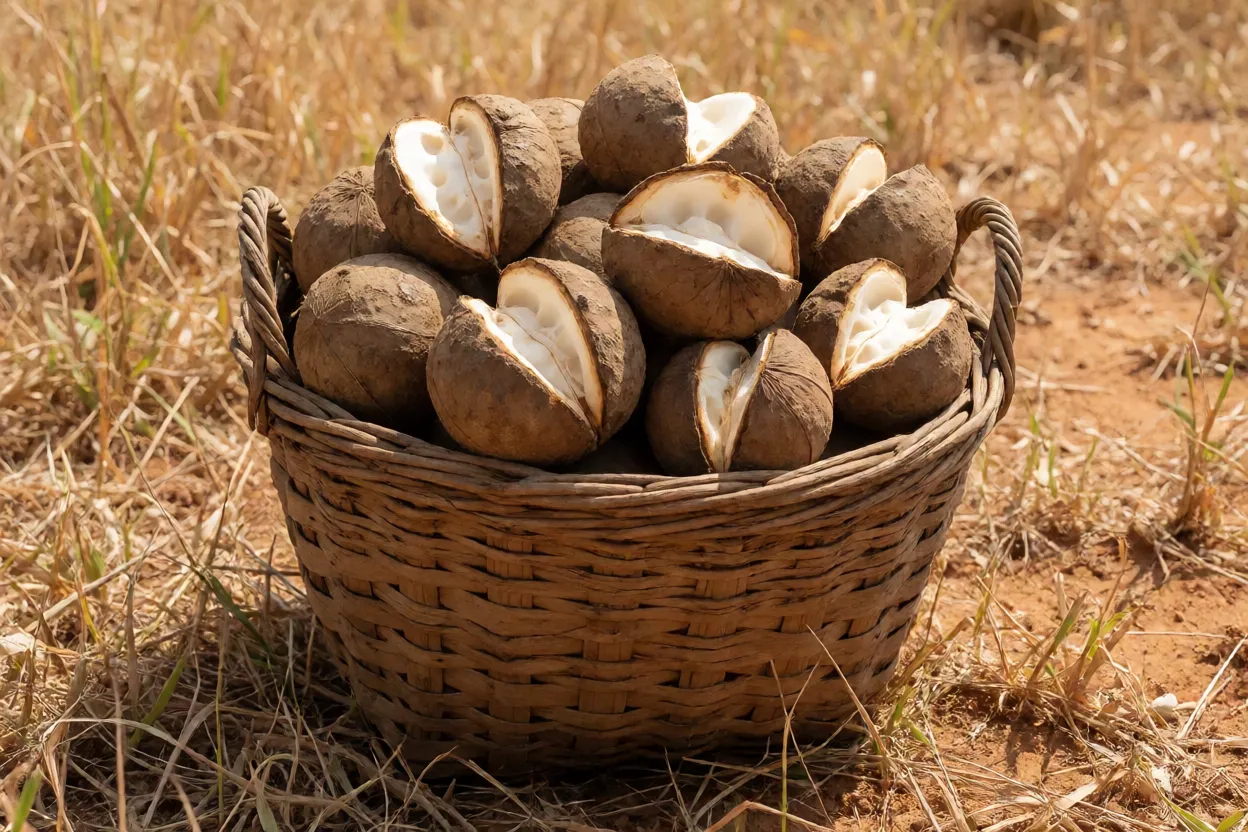 Cesto com colheita de coco-indaiá recém coletado no Cerrado