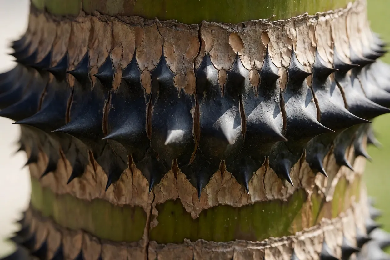 Detalhe do tronco espinhoso do coco-mucajá com espinhos pretos longos