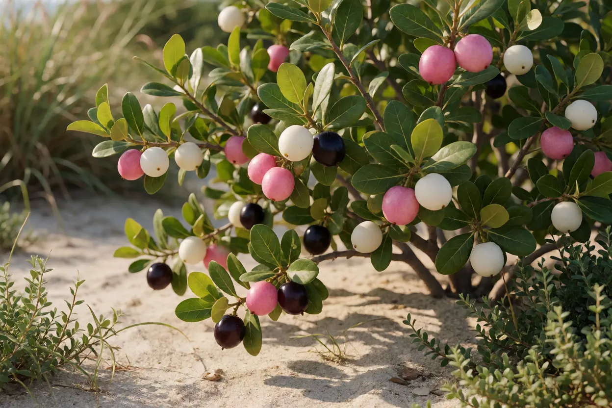 Arbusto de cocoplum carregado de frutos em diferentes estágios de maturação