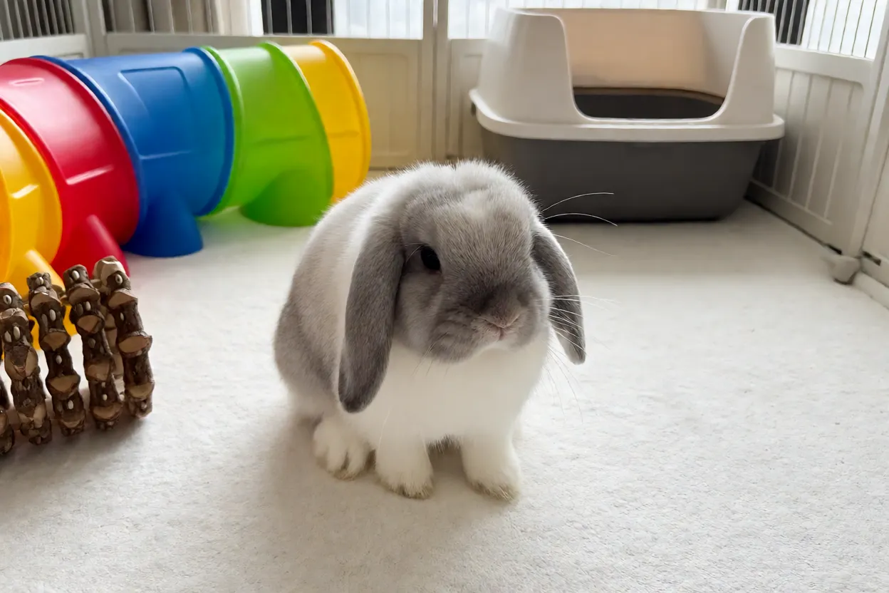 Coelho-mini-lop em cercado espaçoso com túnel e brinquedos