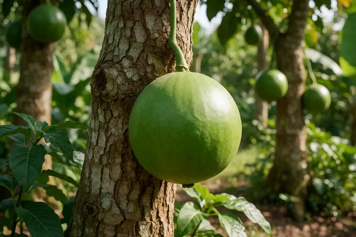 Coité Árvore de coité com frutos esféricos verdes crescendo no tronco