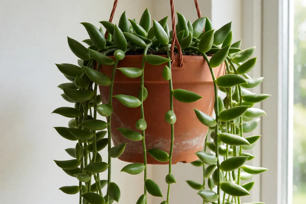 Colar-de-bananinhas pendente em vaso suspenso de barro com folhas em forma de banana