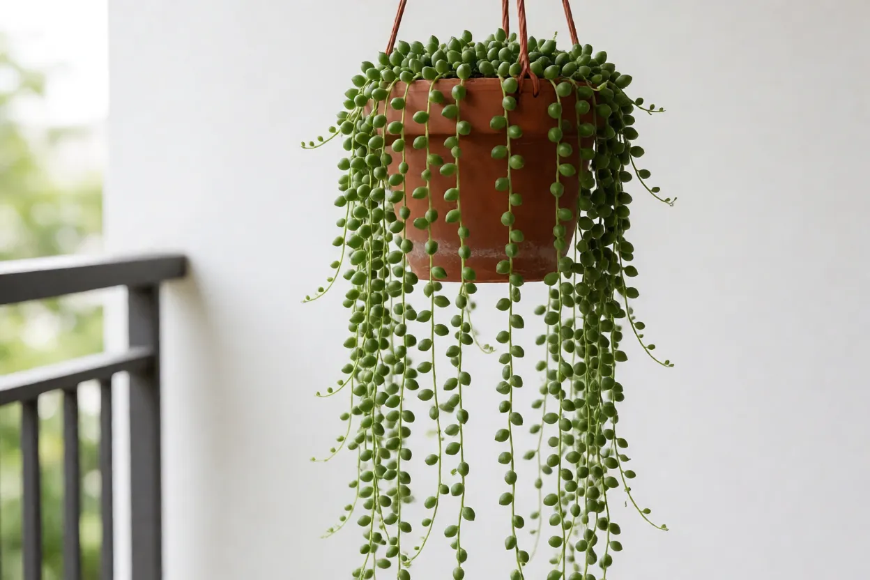 Colar-de-pérolas adulto em vaso suspenso de barro com hastes pendentes cheias de bolinhas