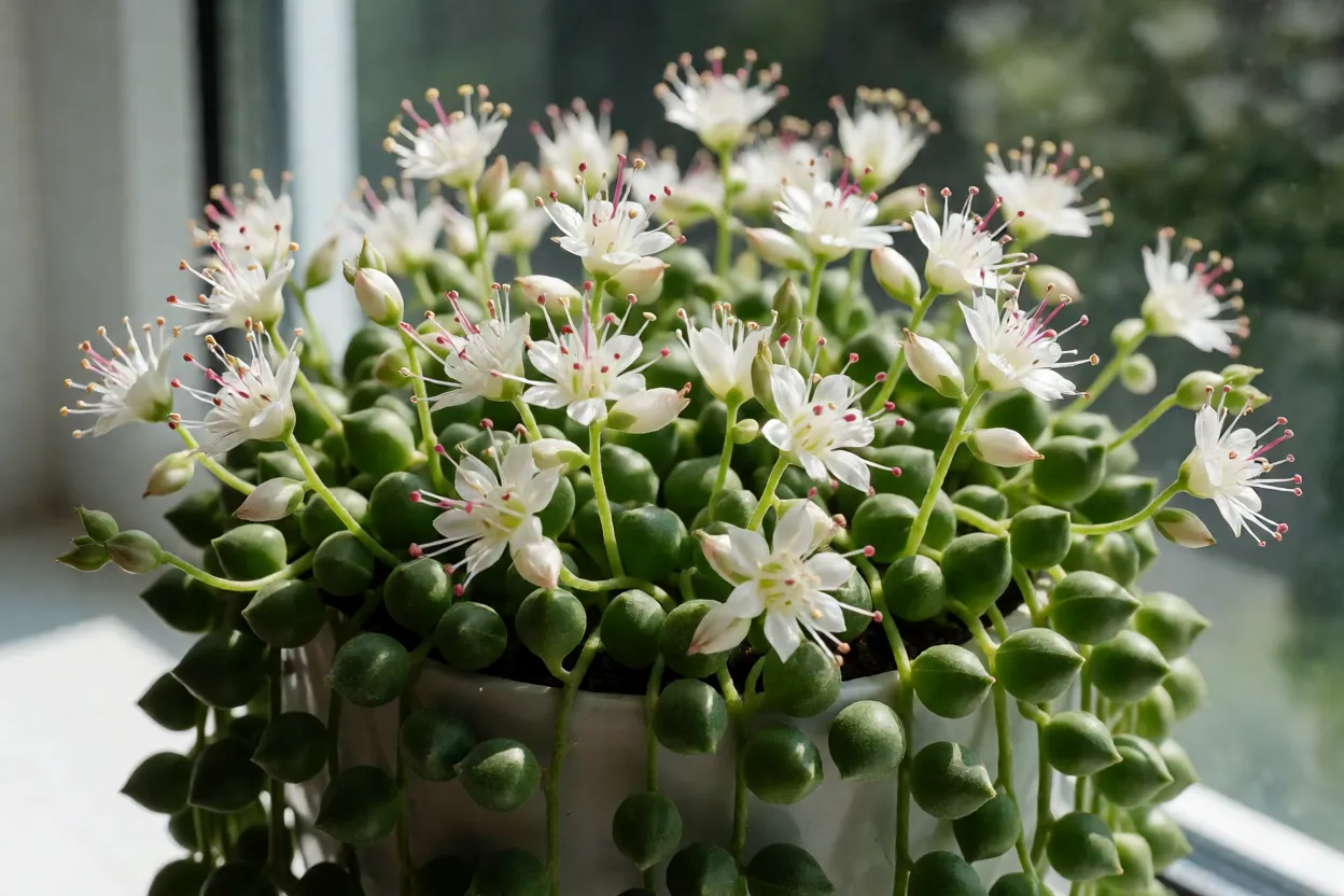 Flores brancas do colar-de-p&eacute;rolas com estames vermelhos