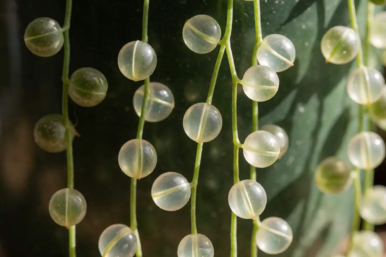 Detalhe das folhas esf&eacute;ricas do colar-de-p&eacute;rolas com a linha transl&uacute;cida