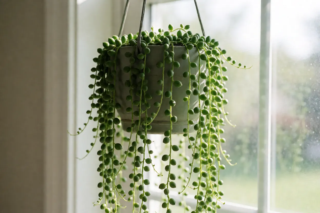 Colar-de-p&eacute;rolas pendurado perto de uma janela com luz natural