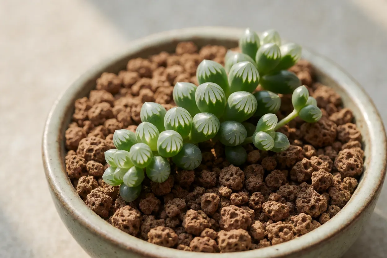Estacas de colar-de-p&eacute;rolas sendo plantadas em vaso