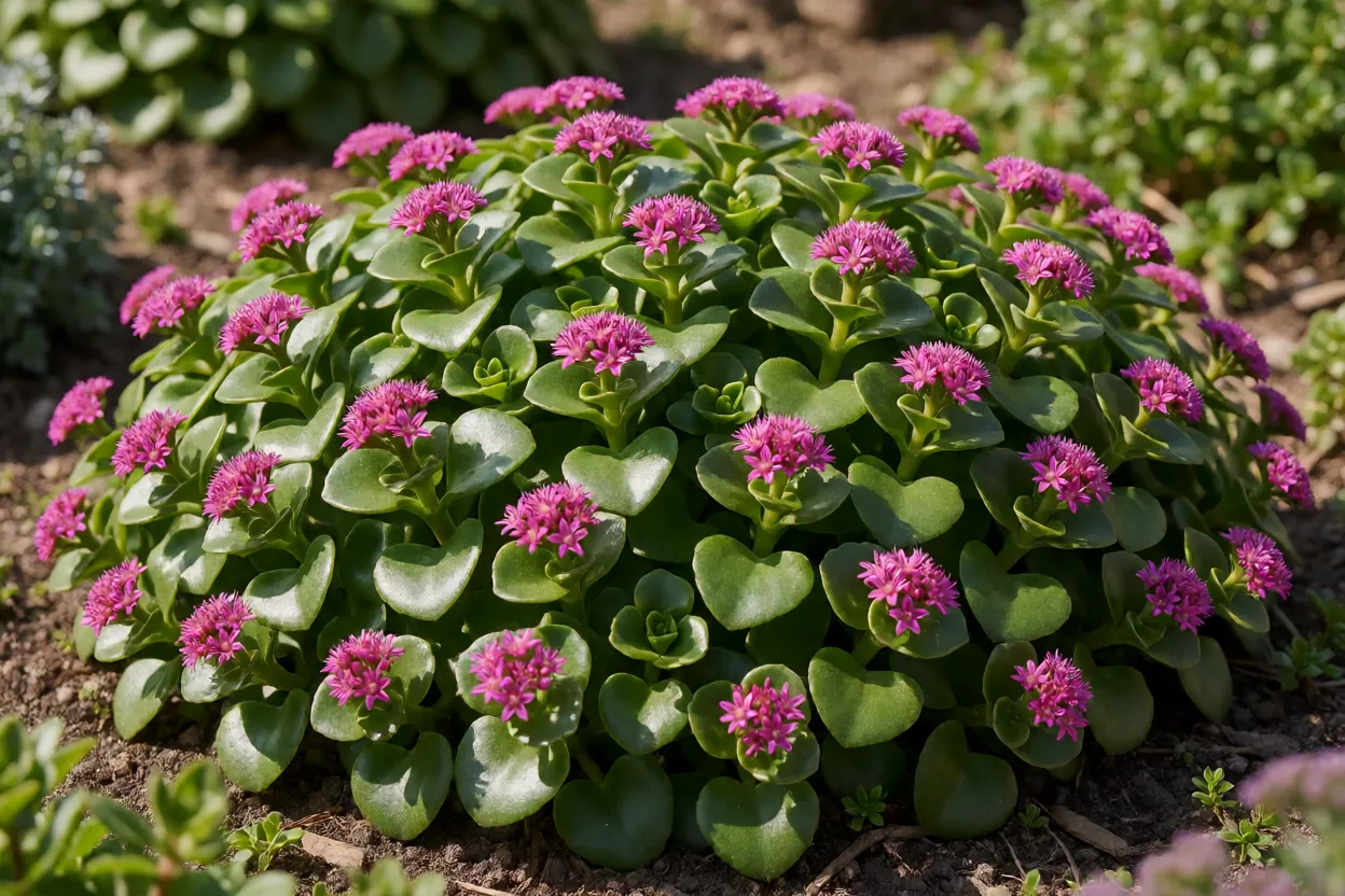 Colchão-de-noiva formando tapete denso com folhas verdes brilhantes e flores magenta no jardim