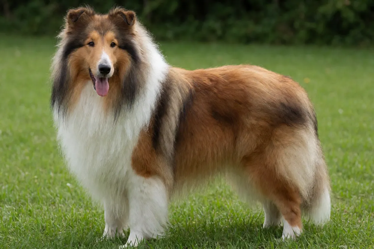 Collie de Pelo Comprido adulto zibelina e branco em pé na grama visto de três quartos