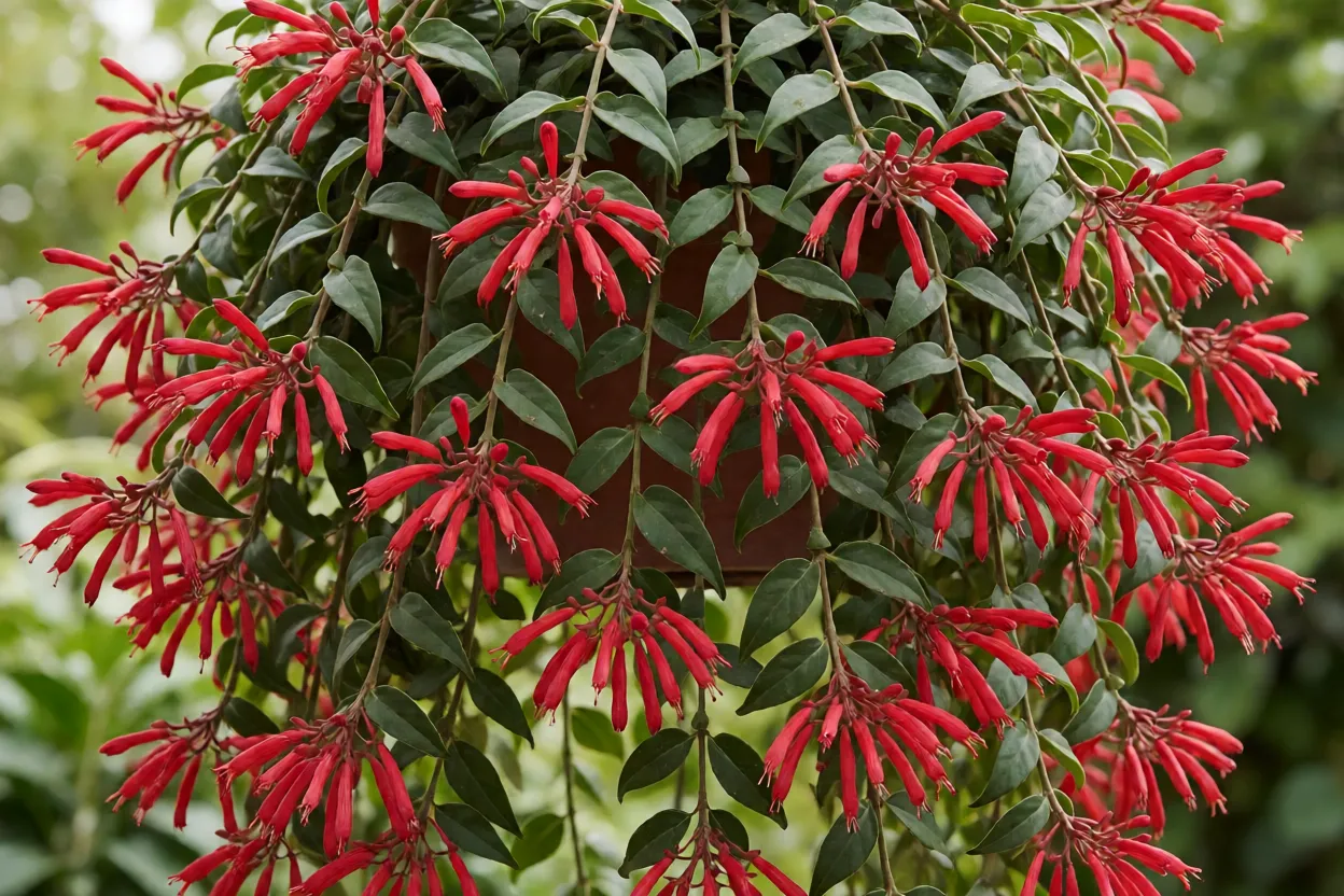 Columéia-batom: características, floração e como cultivar a planta Columéia-batom com flores vermelhas tubulares em vaso pendente