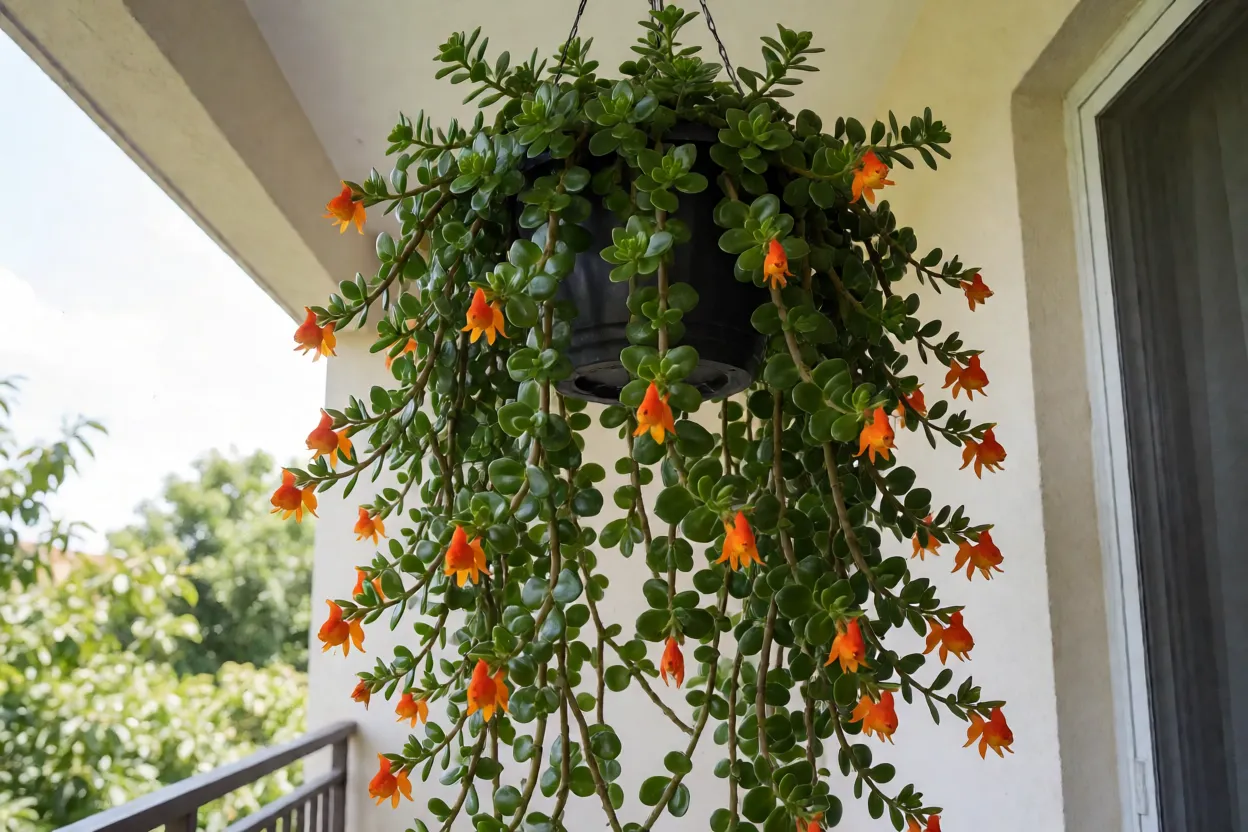 Columéia-peixinho adulta em vaso pendente com flores laranja em forma de peixinho