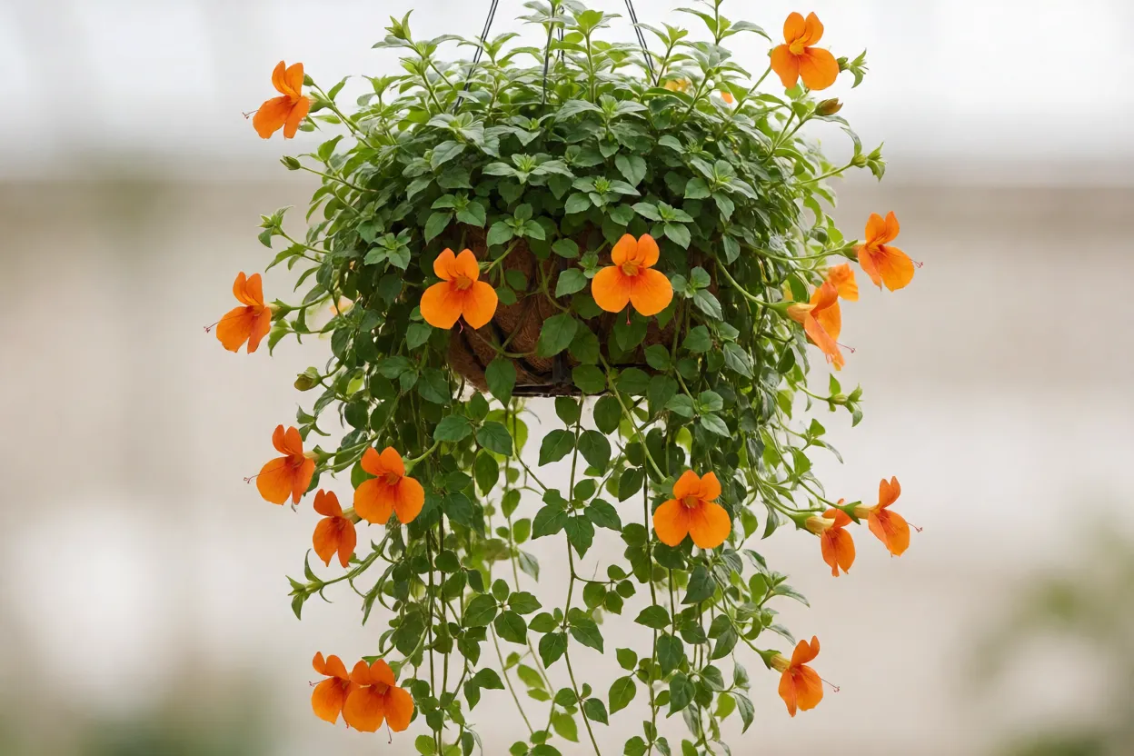 Colum&eacute;ia-peixinho em plena flora&ccedil;&atilde;o com v&aacute;rias flores alaranjadas