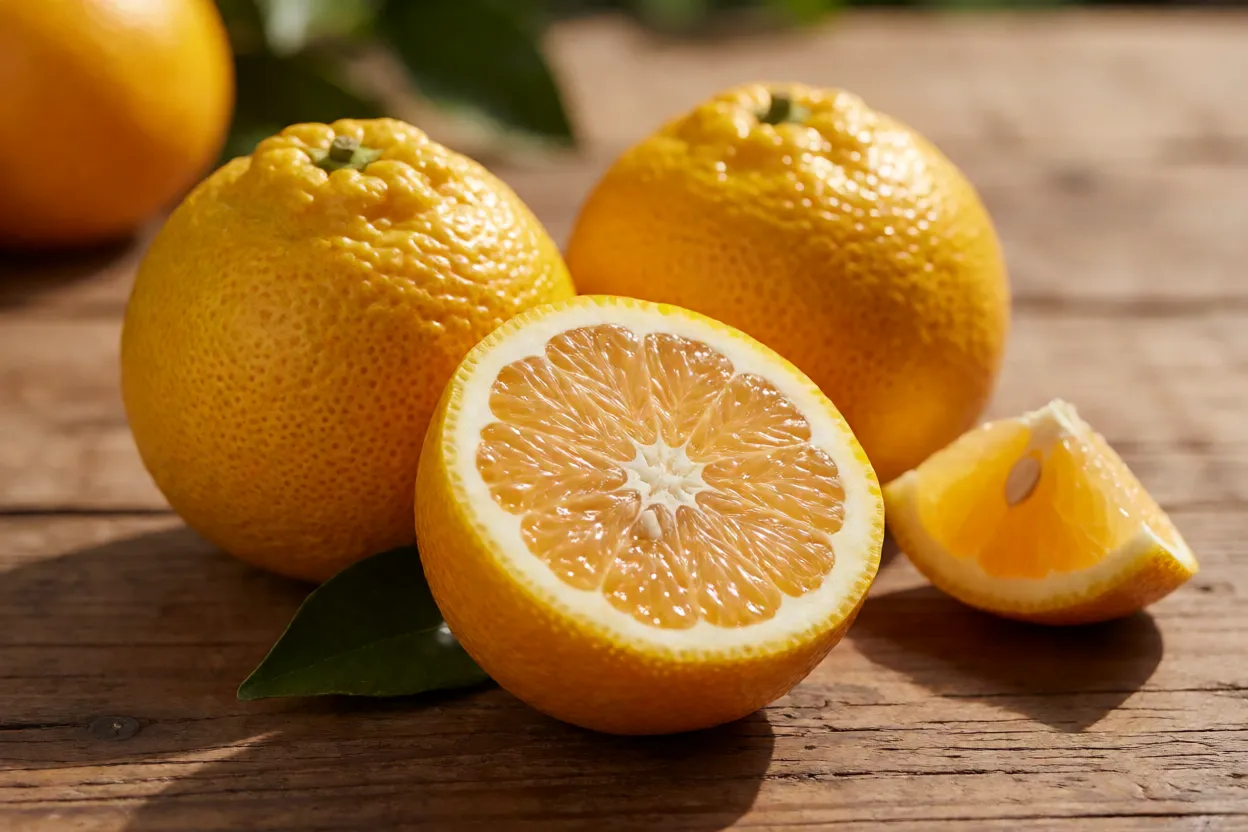Frutos de combava inteiros e cortado ao meio mostrando casca rugosa