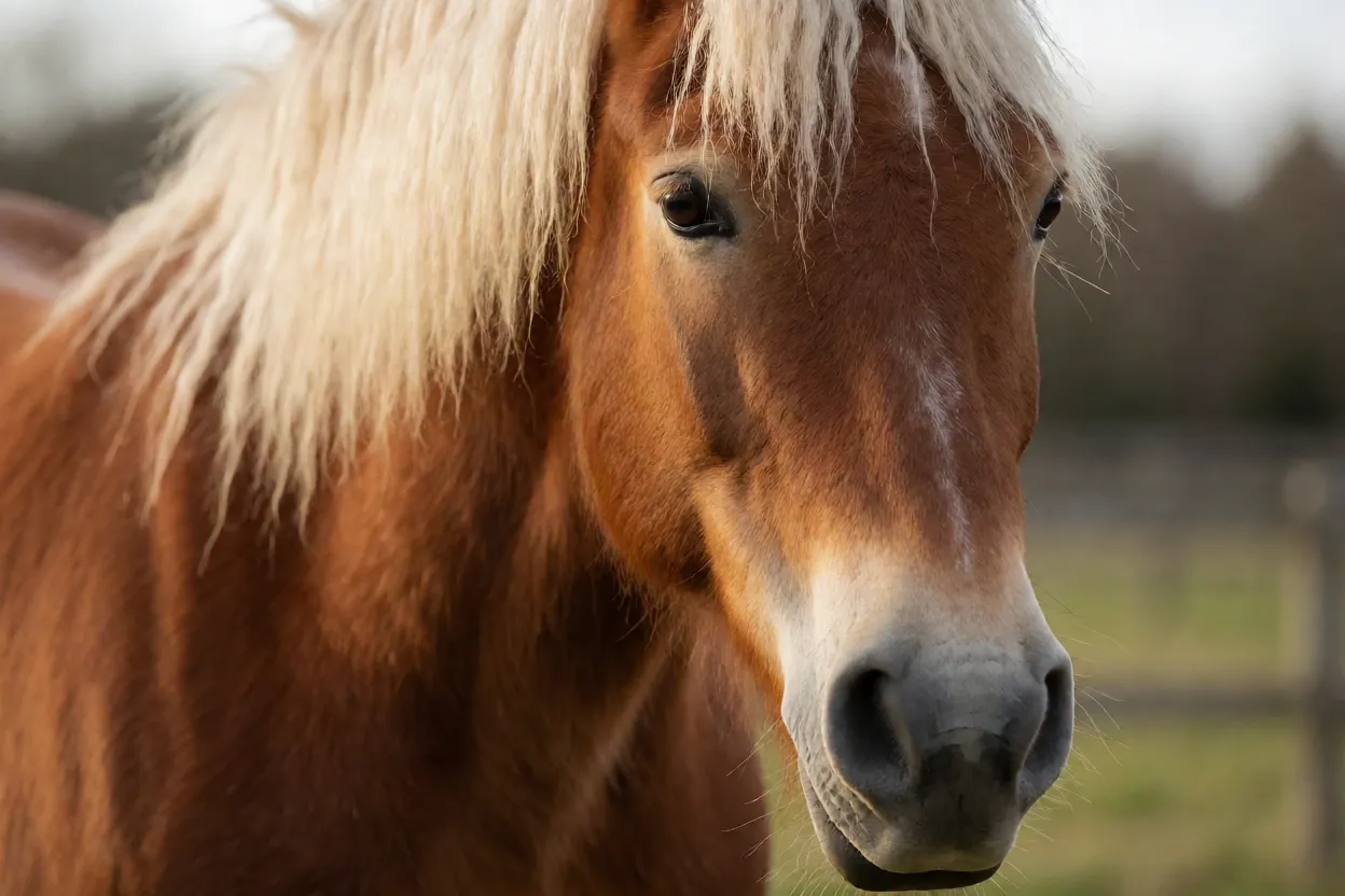 Retrato da cabeça de cavalo Comtois com perfil retilíneo e crina clara