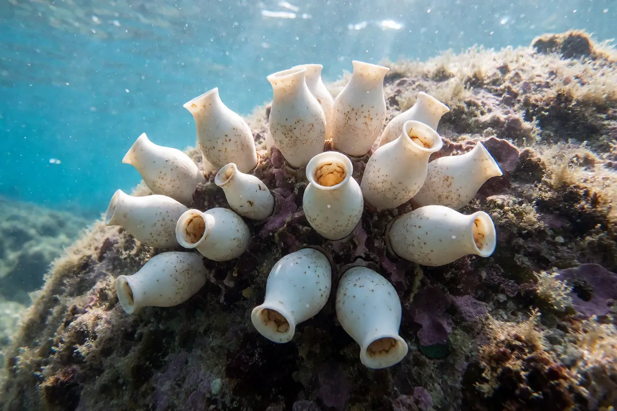 Cápsulas de ovos da concha-tritão fixas em rocha submersa