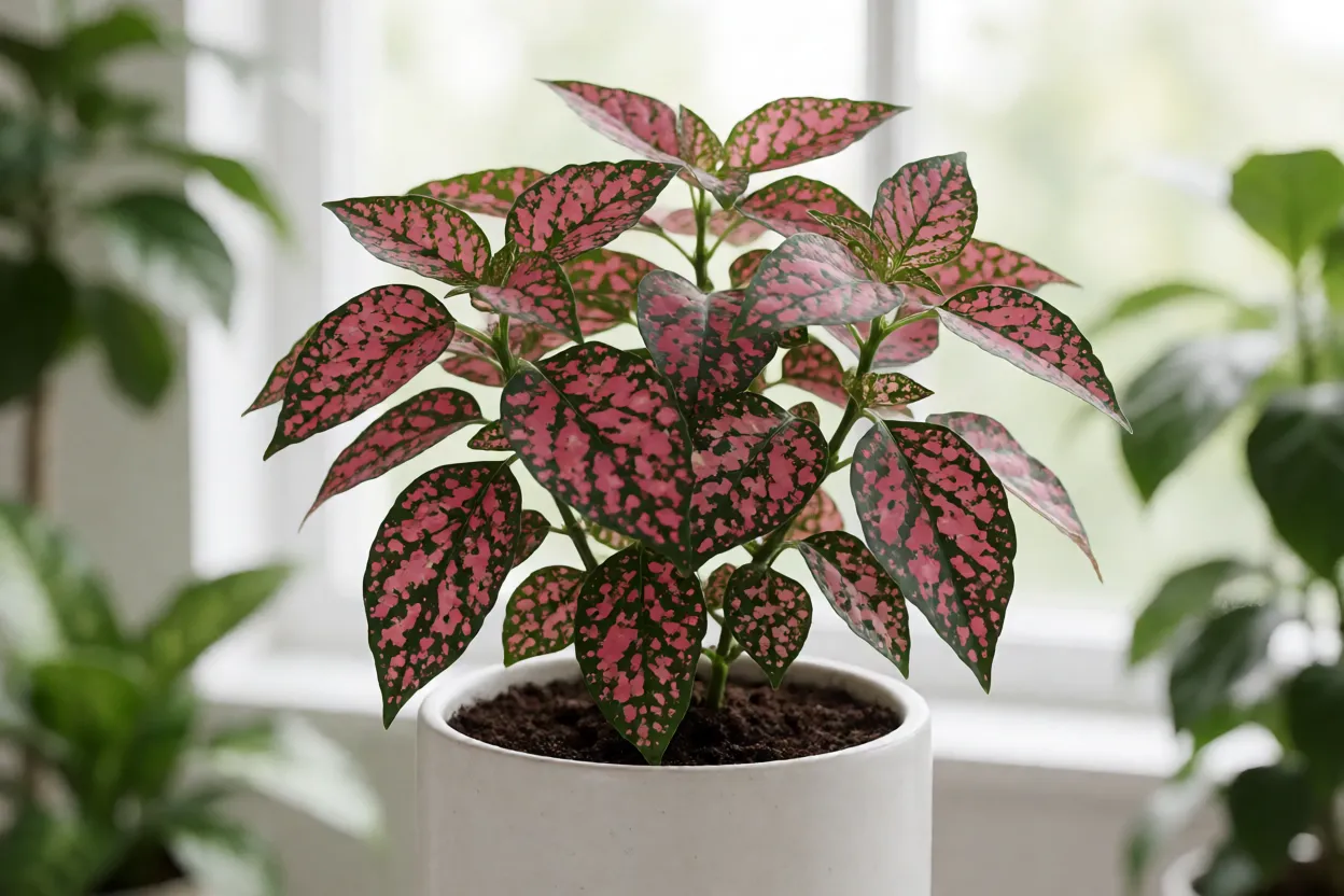 Confete (Hypoestes phyllostachya) adulta em vaso branco com folhas pintadas de rosa