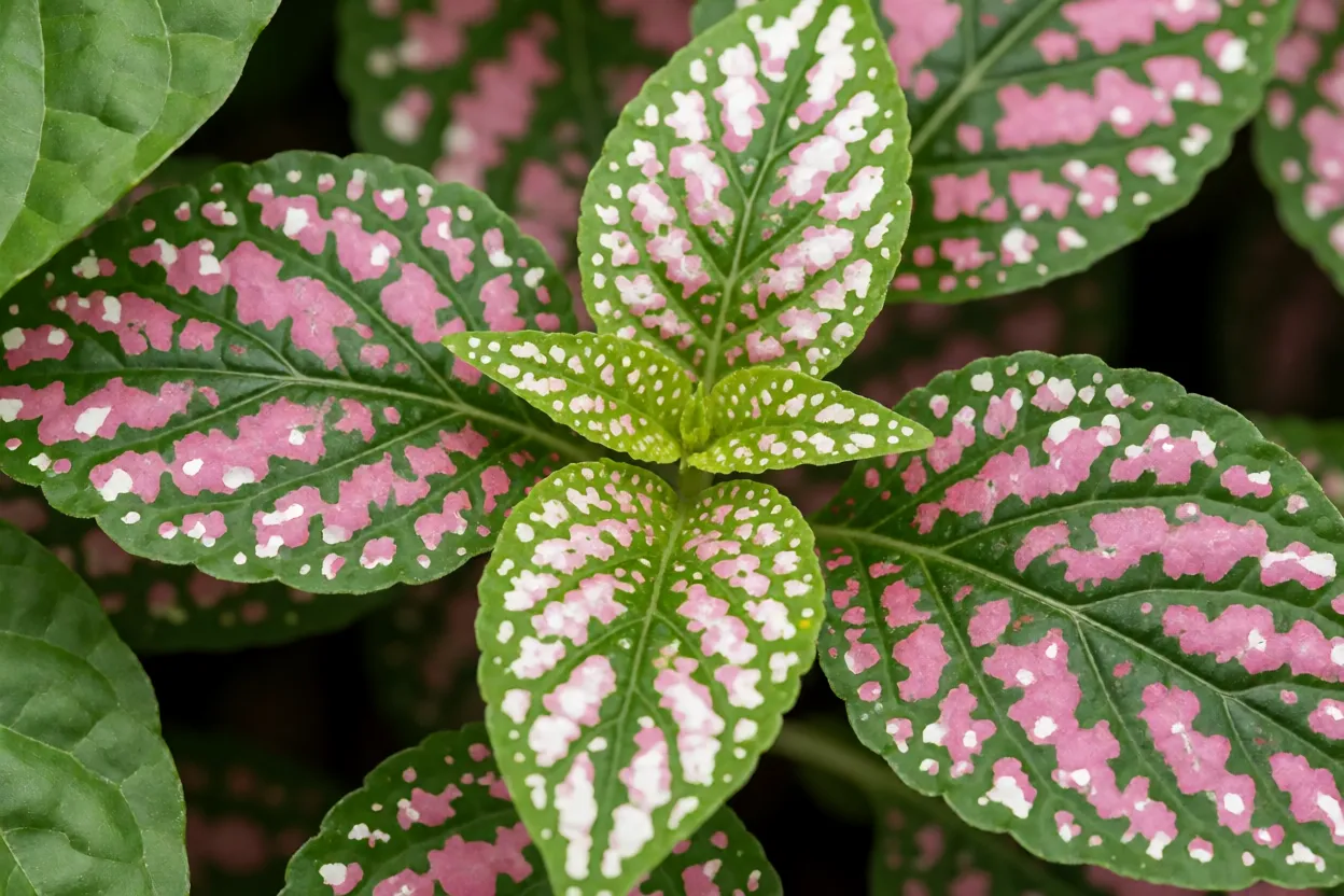 Close das folhas da Confete mostrando pintas rosa e brancas sobre fundo verde