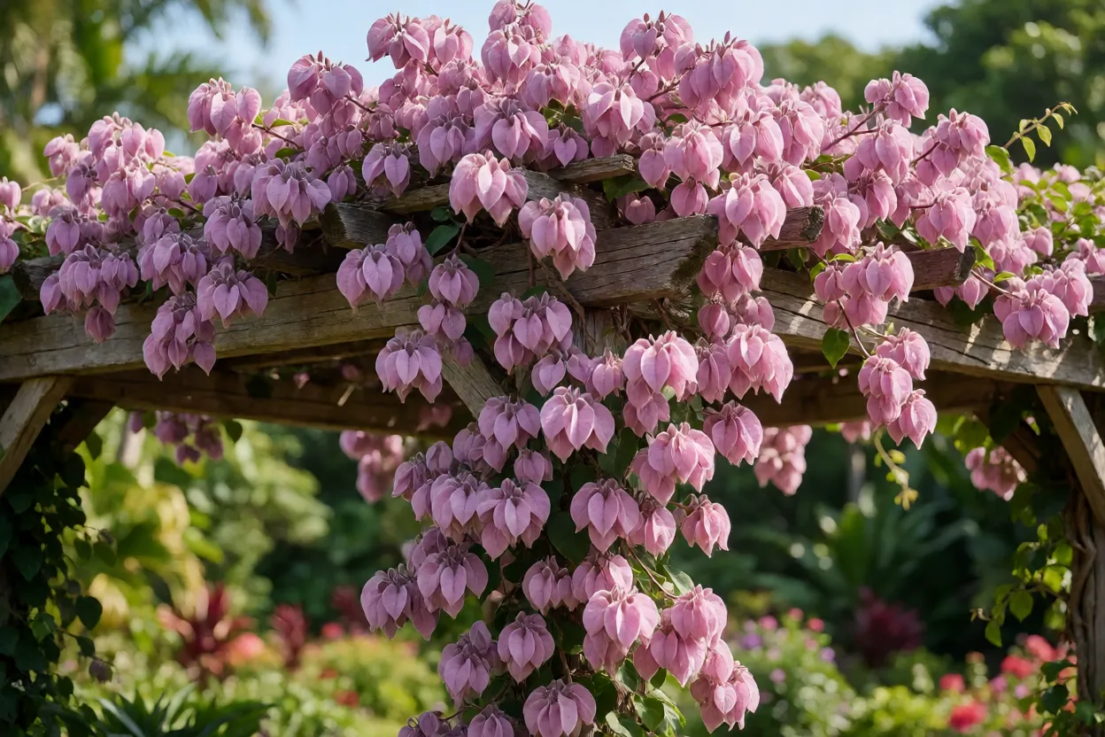 Congéia adulta florida cobrindo pérgola no jardim com brácteas rosadas aveludadas