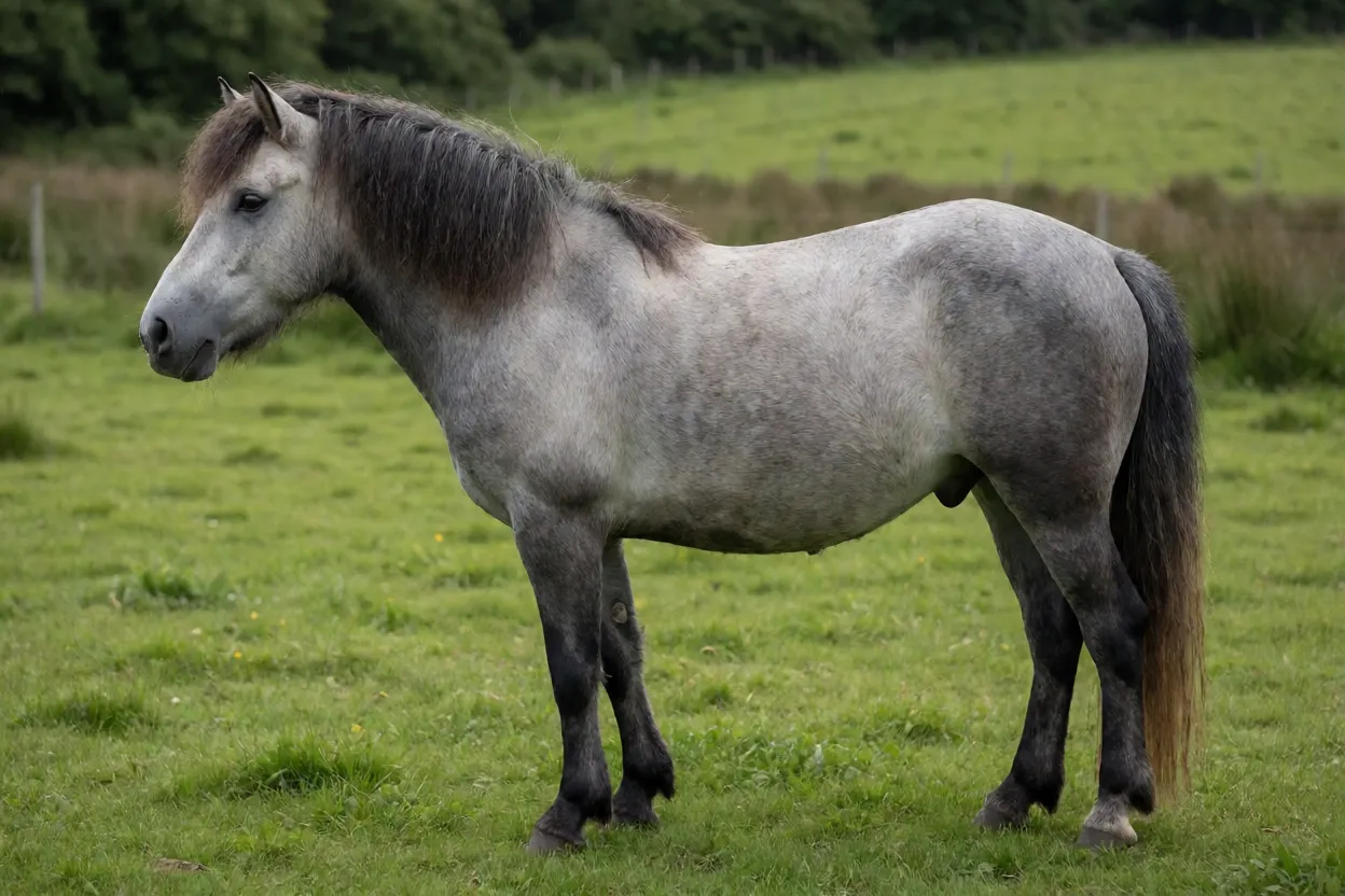 Cavalo Connemara tordilho adulto de corpo inteiro em pasto