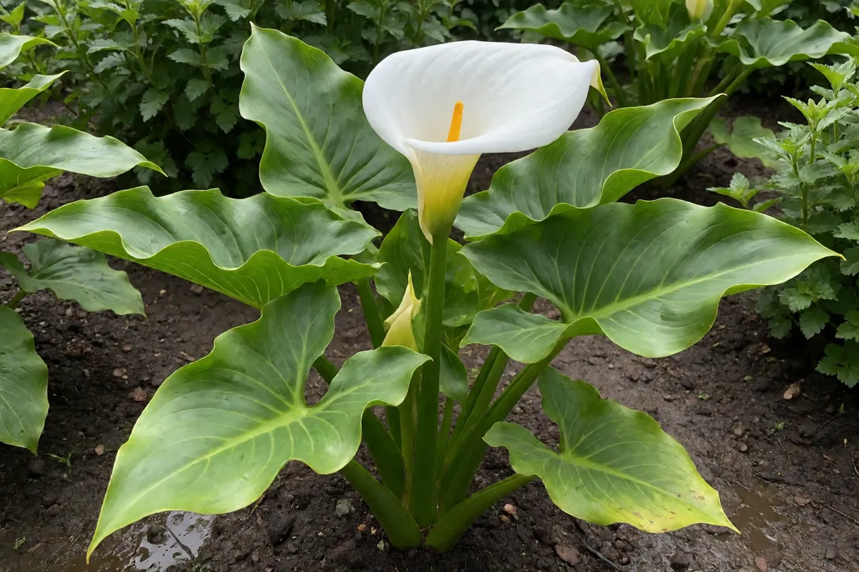 Copo-de-leite branco adulto com folhas grandes e flor em forma de funil no jardim