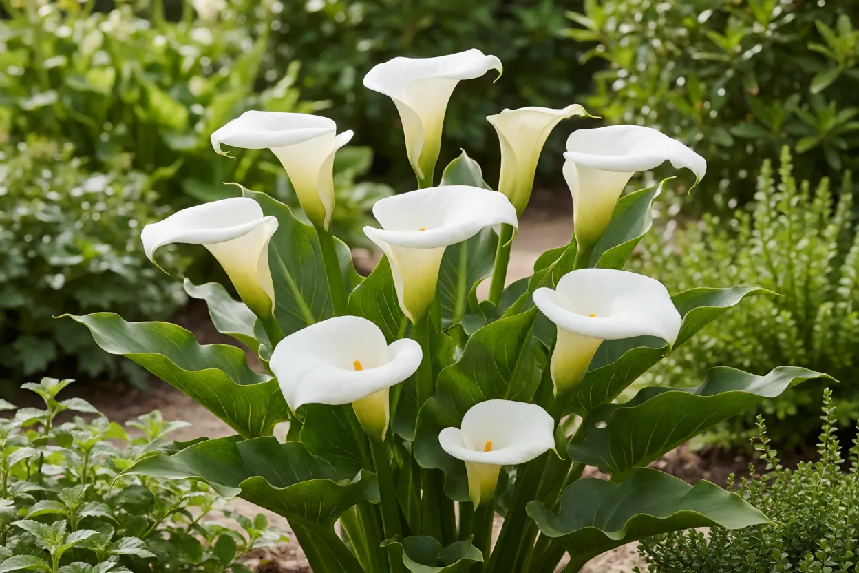 Jardim com copo-de-leite bem cultivado e flores brancas