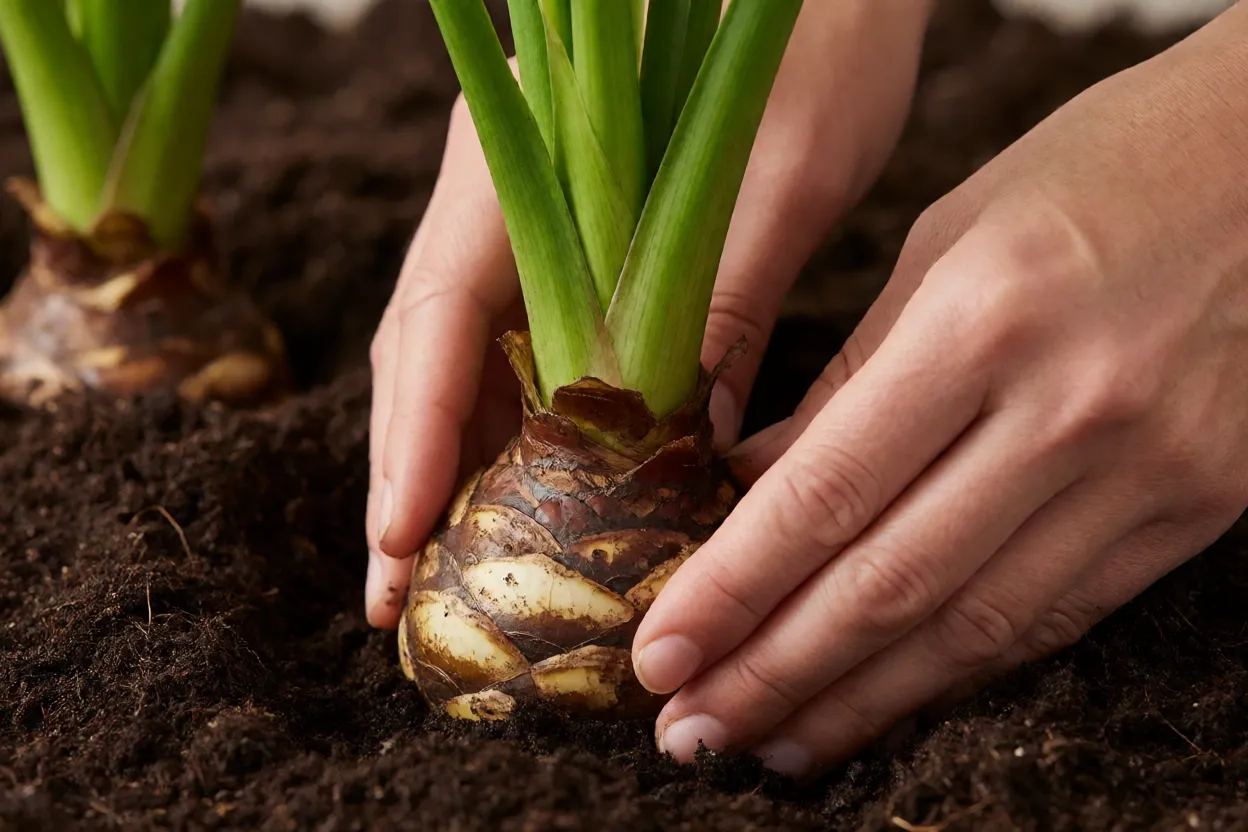 Rizomas de copo-de-leite sendo plantados em solo preparado