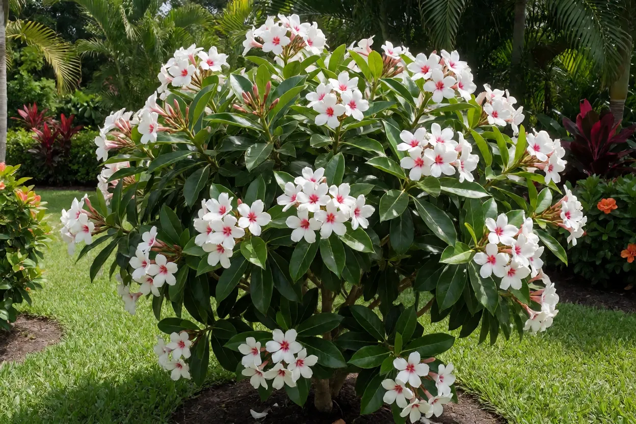 Cópsia arbórea florida com flores brancas de centro rosa em jardim tropical
