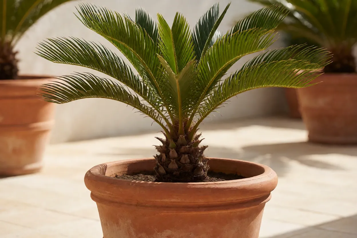Muda de coqueiro-an&atilde;o em vaso grande sob sol pleno