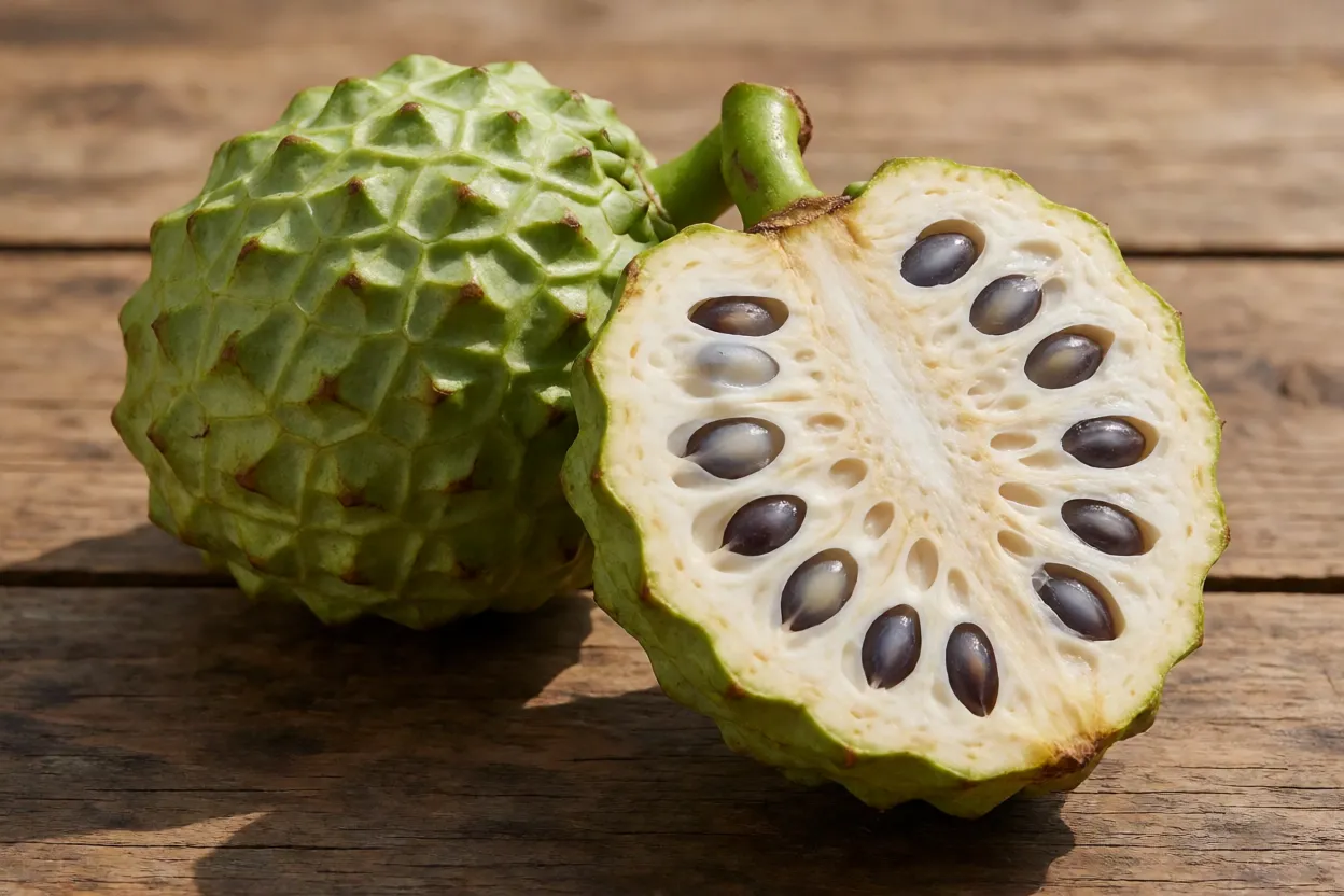 Fruto de coração-de-boi inteiro e cortado mostrando polpa cremosa e sementes pretas