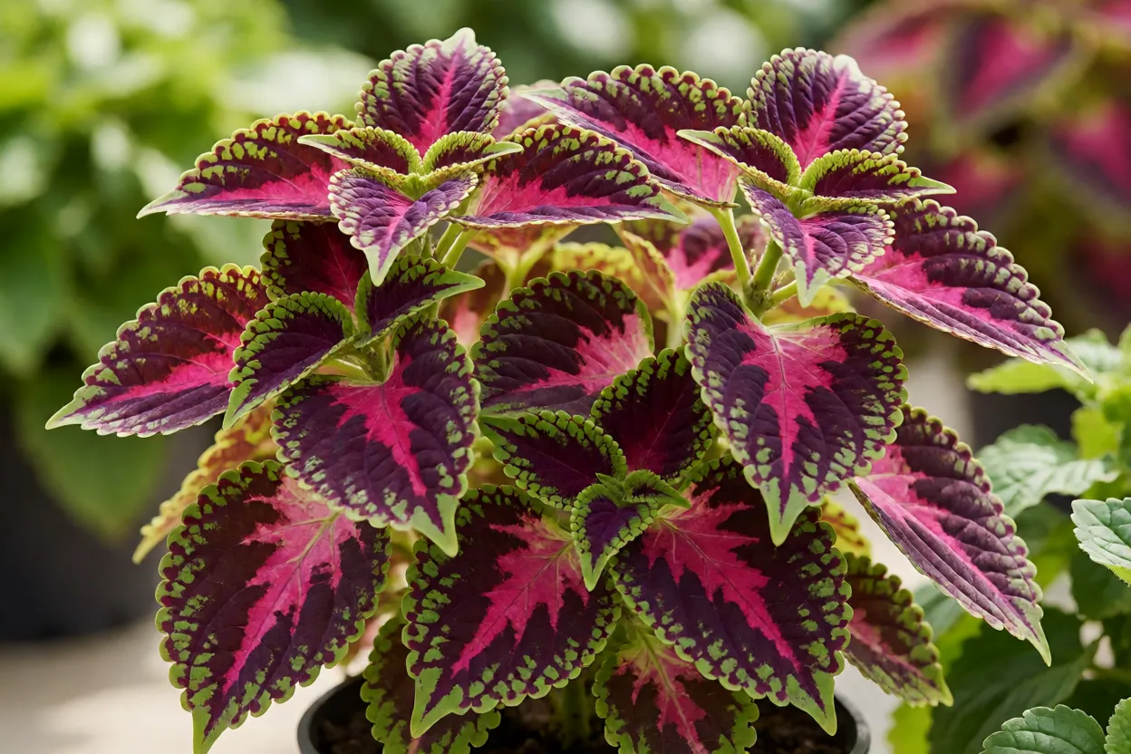 Folhas coloridas de cora&ccedil;&atilde;o-magoado em close mostrando padr&otilde;es de vermelho, verde e roxo
