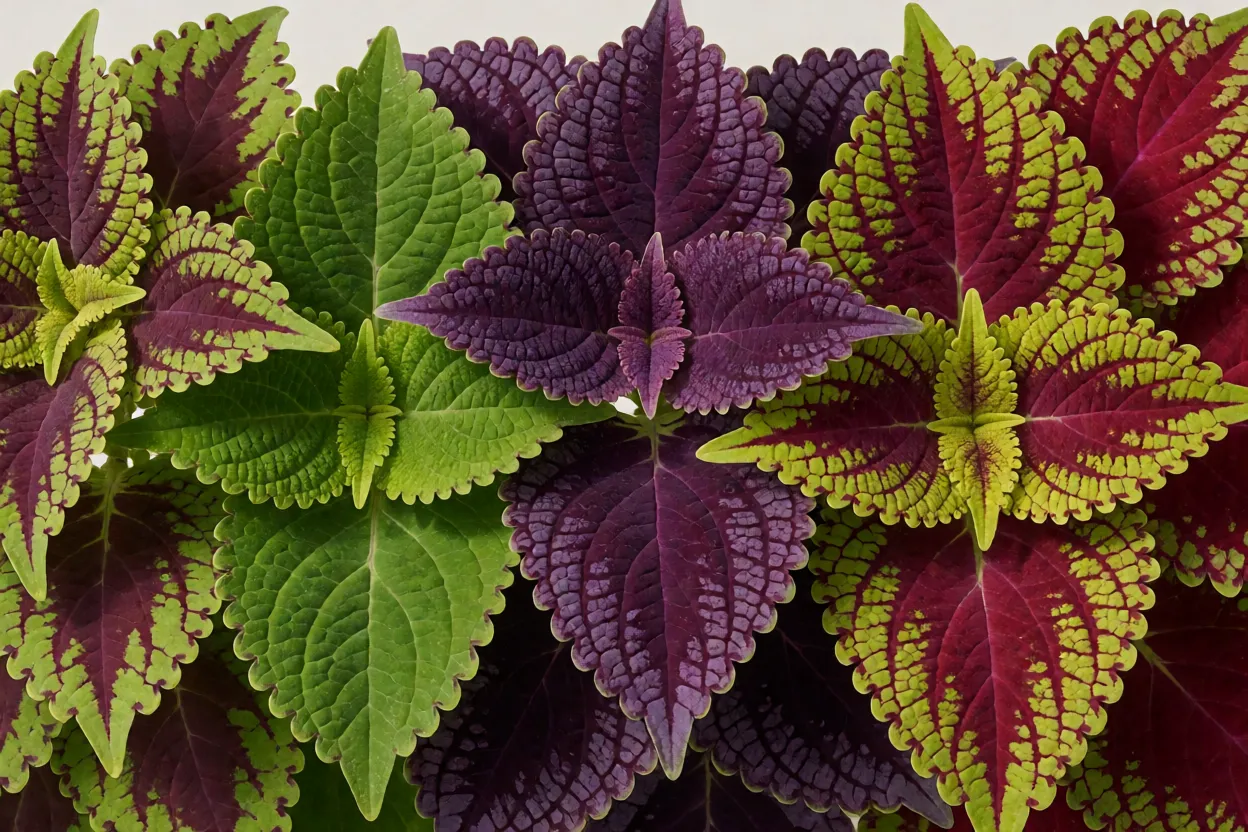 Detalhe de folhas de coleus com diferentes combina&ccedil;&otilde;es de cores