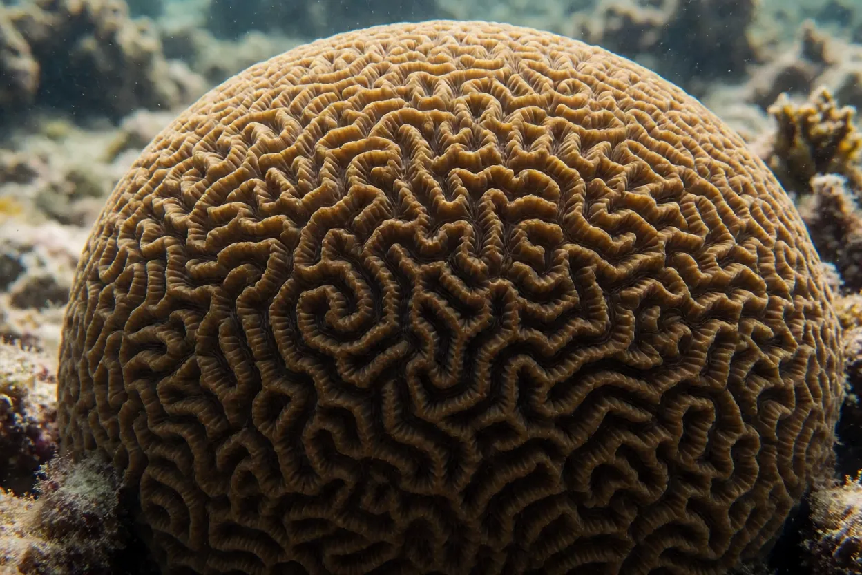 Coral-cérebro grande em recife raso com padrão em labirinto marrom-amarelado