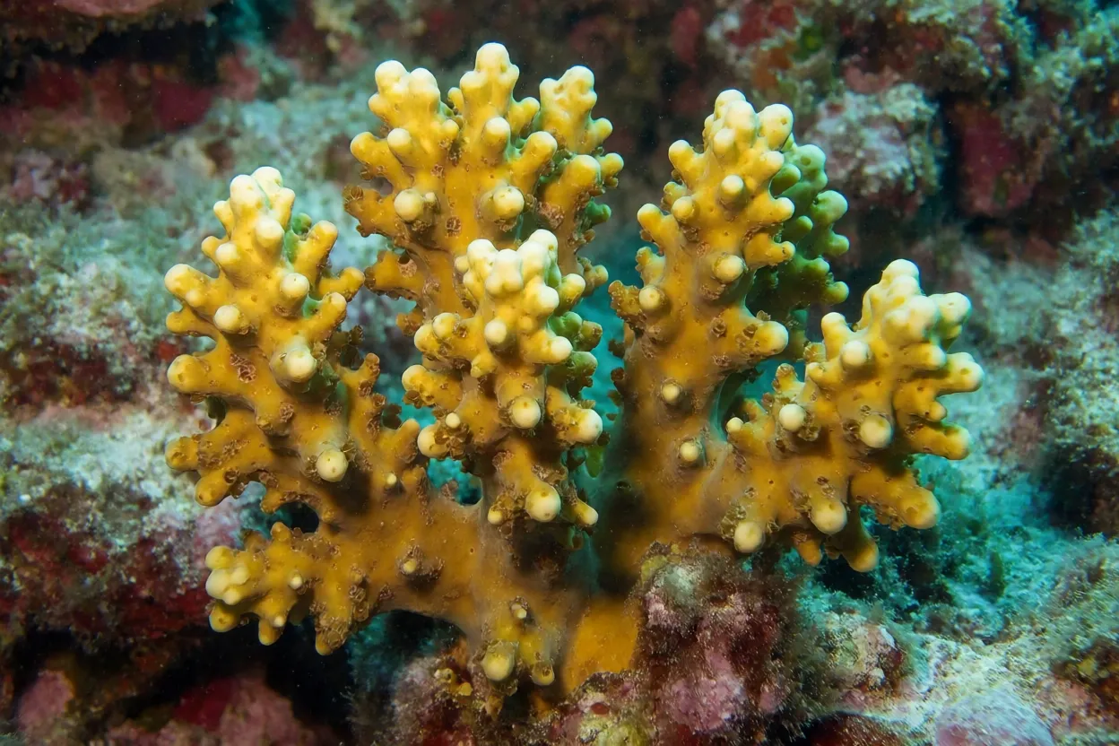 Coral-de-fogo Millepora alcicornis com colônia ramificada amarelo-mostarda no recife