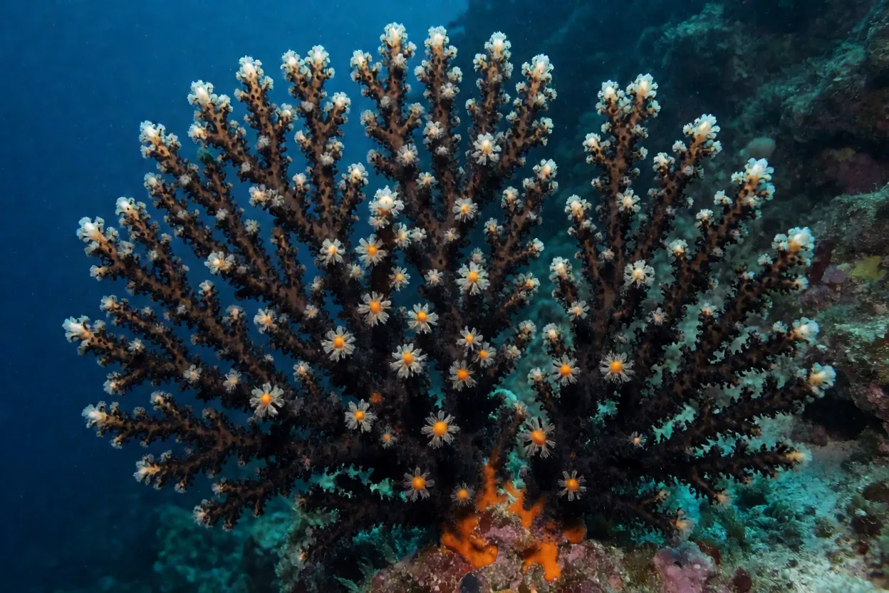 Colônia de coral-negro em paredão profundo com pólipos claros e esqueleto escuro visível